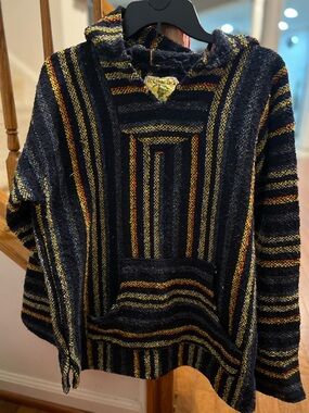 Baja Hooded Pullover Sweatshirt - Black with Yellow & Red Stripes